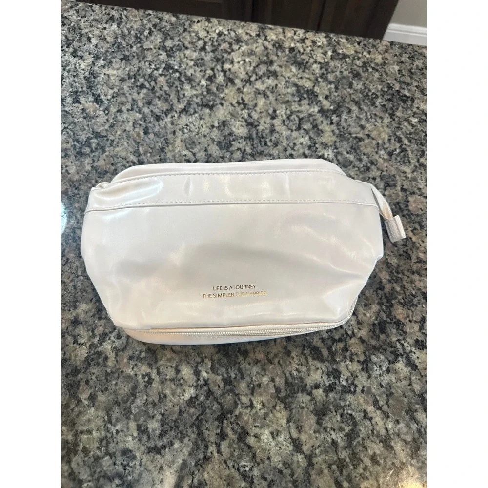 Cream Faux Leather Makeup Bag Cosmetic Travel Case Brush Organizer Cream White